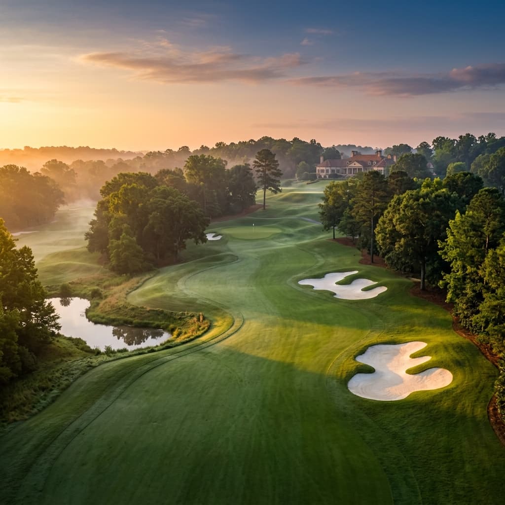 Pristine elite golf course at sunrise