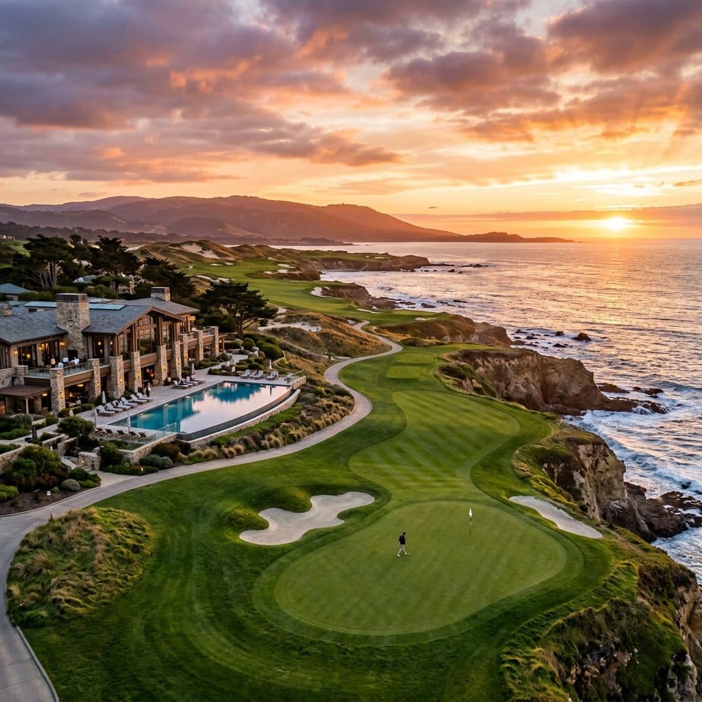 Resort golf course on a coastal bluff at sunset