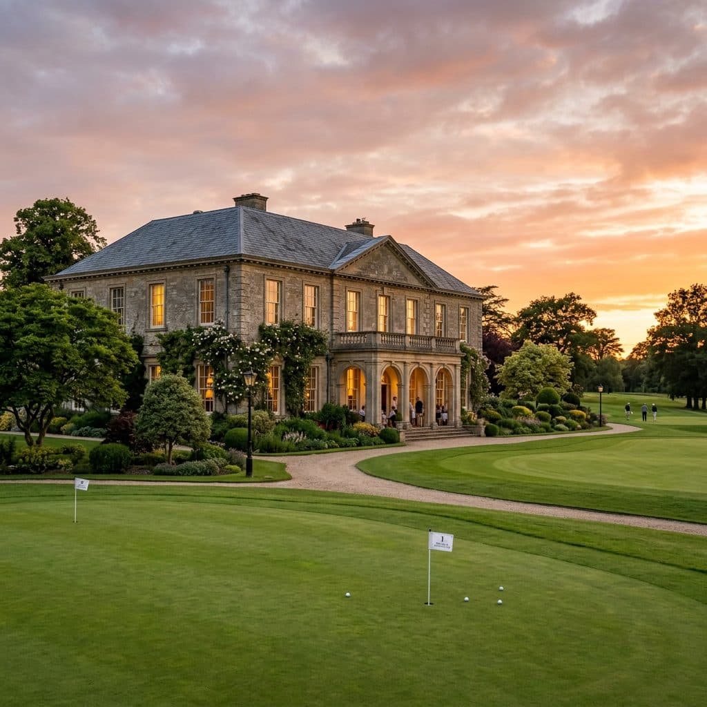 Stone clubhouse overlooking a practice green at dusk