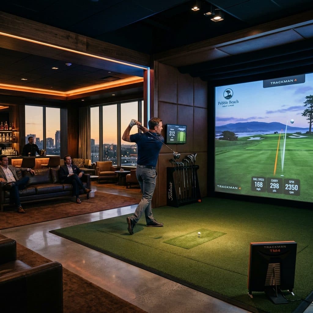 Golfer swinging in a premium indoor golf simulator bay